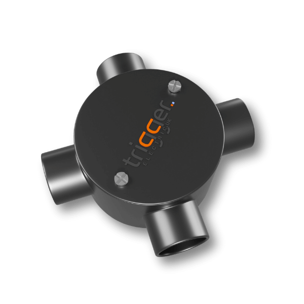 Conduit pipe fitting 4way circular box black of Trigger Electric Pvt Ltd India